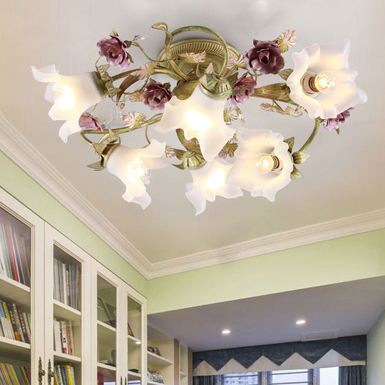 Romantic Opal Glass Semi Flush Light with Green Flower Design - 6 Heads Spiral Ceiling Flush