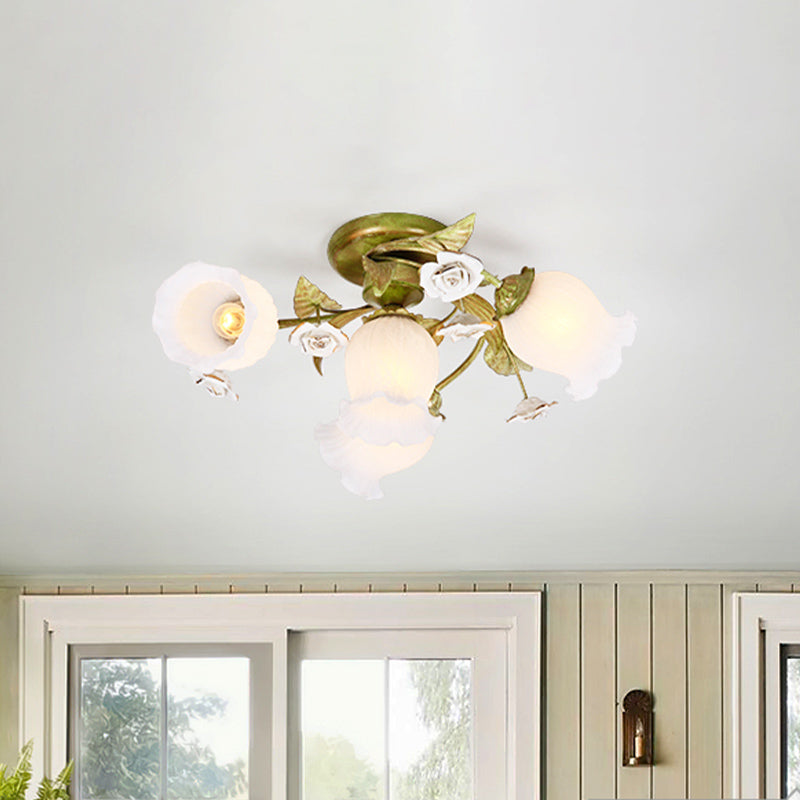 Twisted Pastoral Frosted Glass Flush Light: Green Semi Flush Mount Lighting (4/7/9-Bulb)