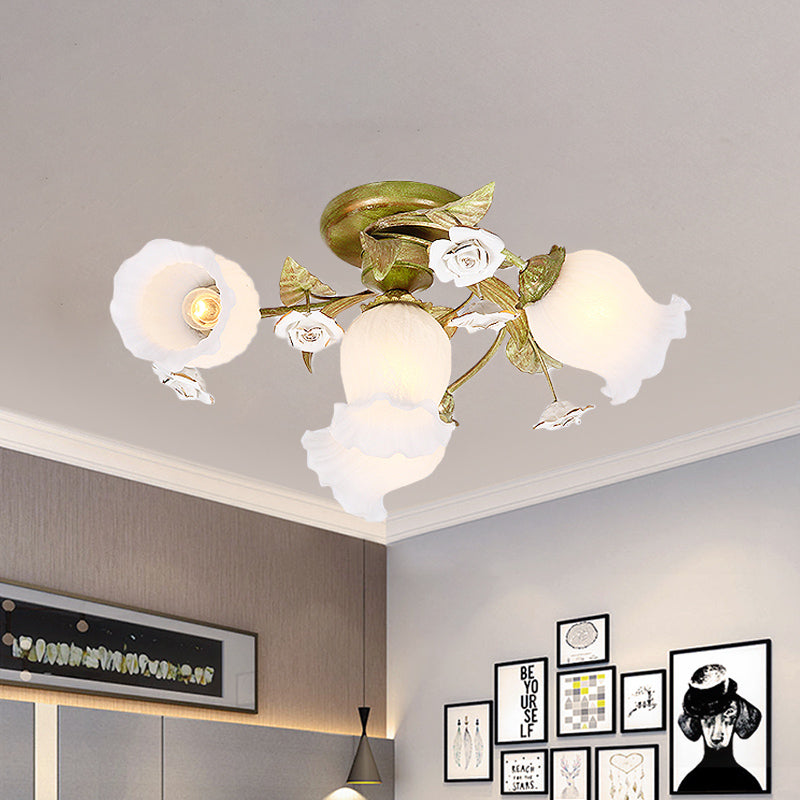 Twisted Pastoral Frosted Glass Flush Light: Green Semi Flush Mount Lighting (4/7/9-Bulb)