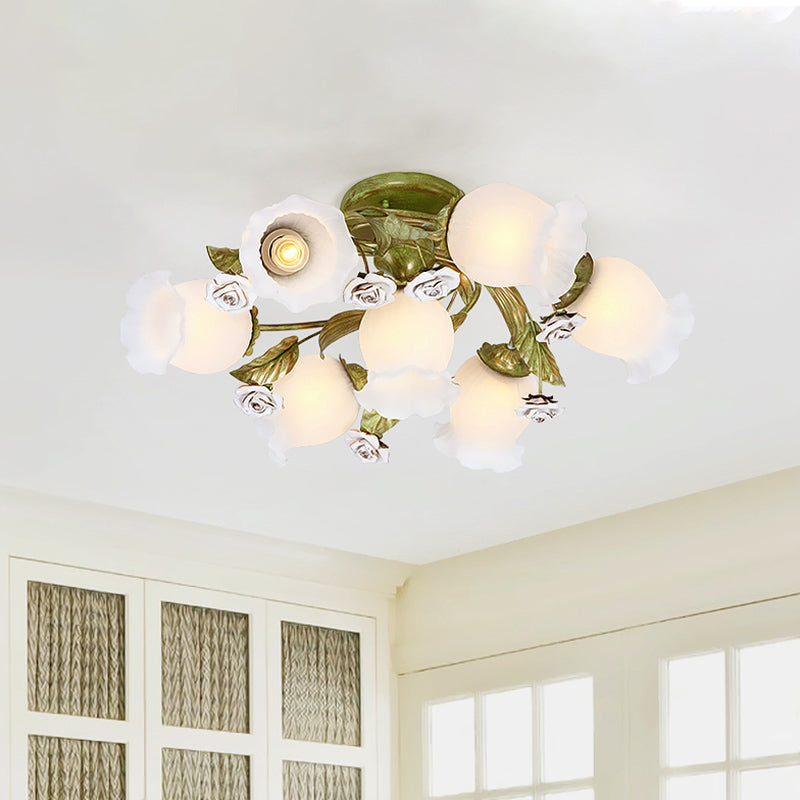 Twisted Pastoral Frosted Glass Flush Light: Green Semi Flush Mount Lighting (4/7/9-Bulb)