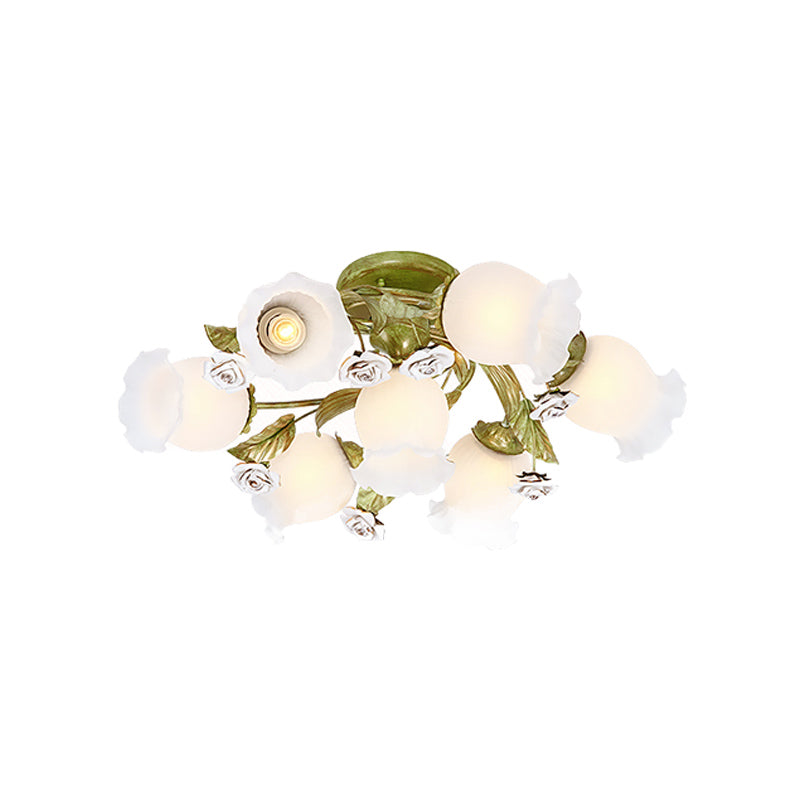 Twisted Pastoral Frosted Glass Flush Light: Green Semi Flush Mount Lighting (4/7/9-Bulb)