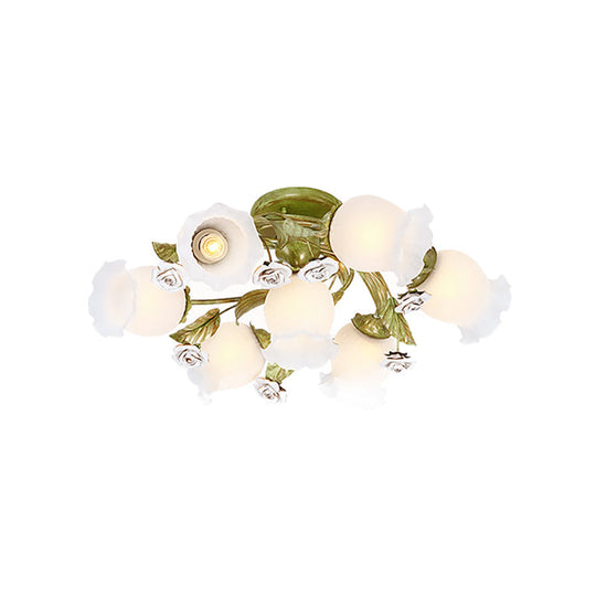 Twisted Pastoral Frosted Glass Flush Light: Green Semi Mount Lighting (4/7/9-Bulb)