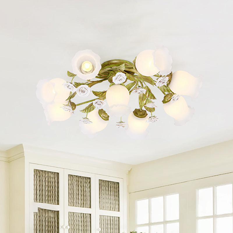 Twisted Pastoral Frosted Glass Flush Light: Green Semi Flush Mount Lighting (4/7/9-Bulb)