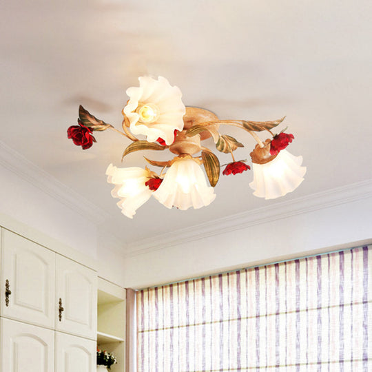 Brown 4/7/9-Bulb Semi Flush Mount Pastoral Frosted Glass Ceiling Light with Red Flower Design