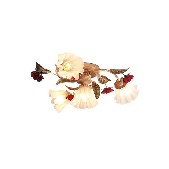 Brown 4/7/9-Bulb Semi Flush Mount Pastoral Frosted Glass Ceiling Light with Red Flower Design