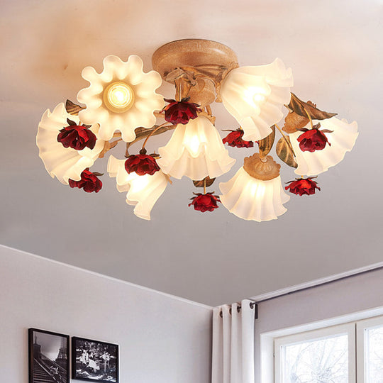 Brown 4/7/9-Bulb Semi Flush Mount Pastoral Frosted Glass Ceiling Light with Red Flower Design