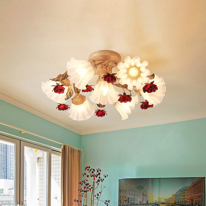 Brown 4/7/9-Bulb Semi Flush Mount Pastoral Frosted Glass Ceiling Light with Red Flower Design