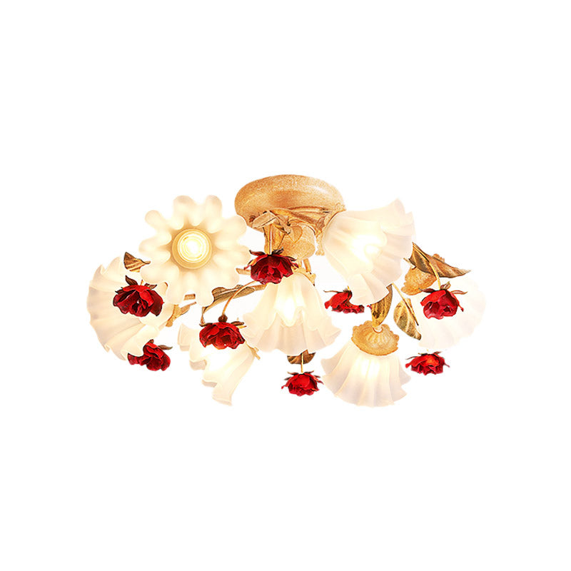 Brown 4/7/9-Bulb Semi Flush Mount Pastoral Frosted Glass Ceiling Light with Red Flower Design