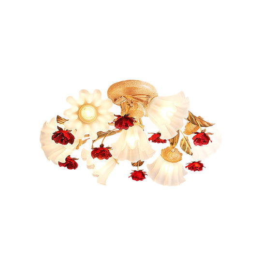 Brown 4/7/9-Bulb Semi Flush Mount Pastoral Frosted Glass Ceiling Light with Red Flower Design