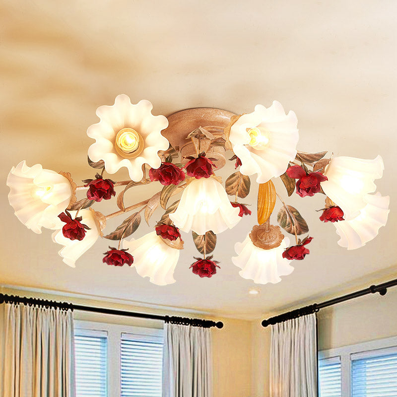 Brown 4/7/9-Bulb Semi Flush Mount Pastoral Frosted Glass Ceiling Light with Red Flower Design