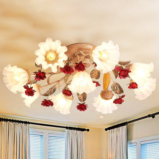 Brown 4/7/9-Bulb Semi Flush Mount Pastoral Frosted Glass Ceiling Light With Red Flower Design 9 /