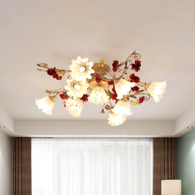 Brown 4/7/9-Bulb Semi Flush Mount Pastoral Frosted Glass Ceiling Light with Red Flower Design