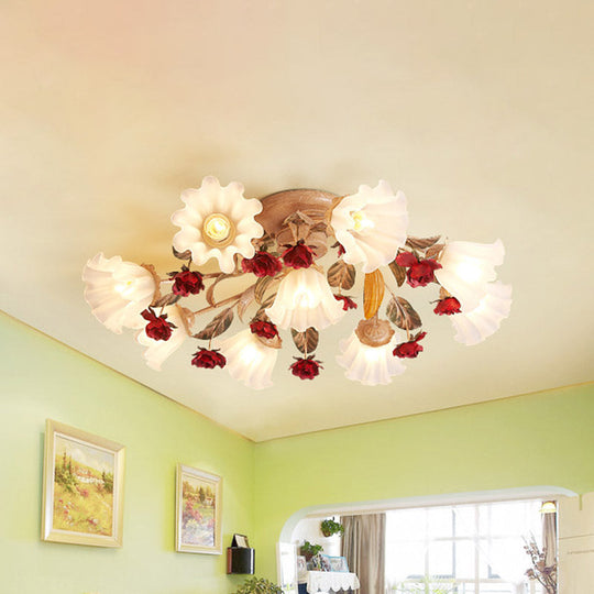 Brown 4/7/9-Bulb Semi Flush Mount Pastoral Frosted Glass Ceiling Light with Red Flower Design