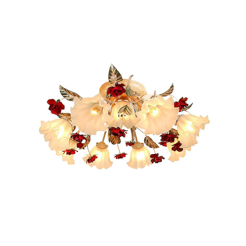 Brown 4/7/9-Bulb Semi Flush Mount Pastoral Frosted Glass Ceiling Light with Red Flower Design