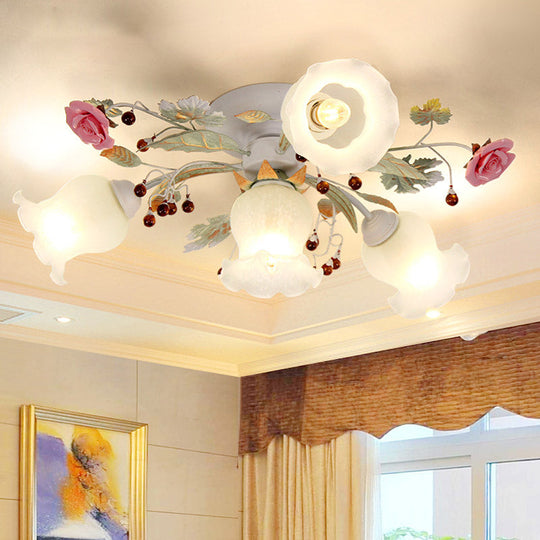 Frosted Glass Flush Mount Green Light - Korean Flower Design for Bedroom (4/6/9-Head)