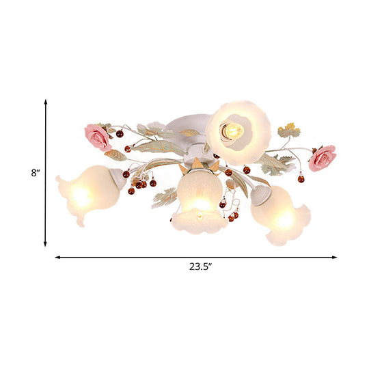 Frosted Glass Flush Mount Green Light - Korean Flower Design for Bedroom (4/6/9-Head)