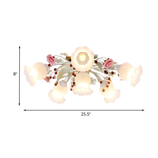 Frosted Glass Flush Mount Green Light - Korean Flower Design for Bedroom (4/6/9-Head)