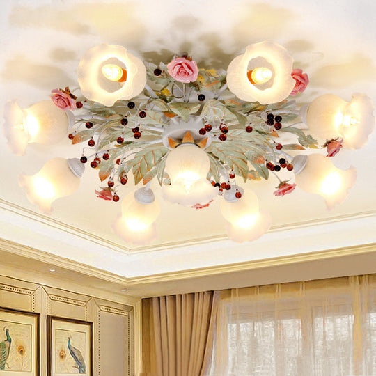 Frosted Glass Flush Mount Green Light - Korean Flower Design for Bedroom (4/6/9-Head)