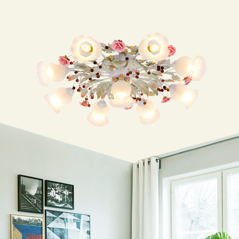 Frosted Glass Flush Mount Green Light - Korean Flower Design for Bedroom (4/6/9-Head)