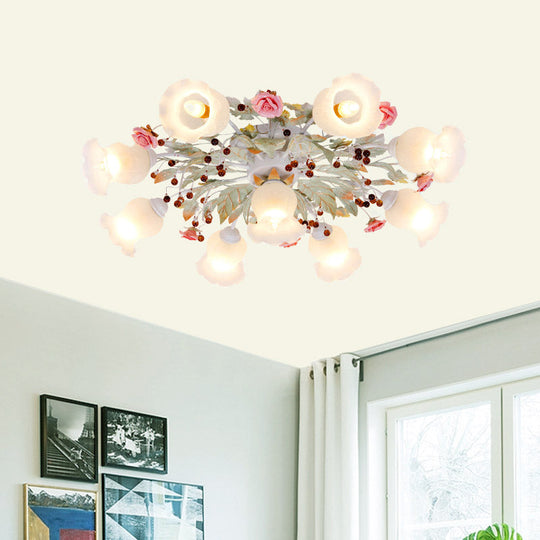 Frosted Glass Flush Mount Green Light - Korean Flower Design For Bedroom (4/6/9-Head)