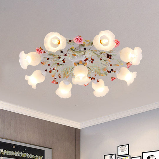 Frosted Glass Flush Mount Green Light - Korean Flower Design for Bedroom (4/6/9-Head)