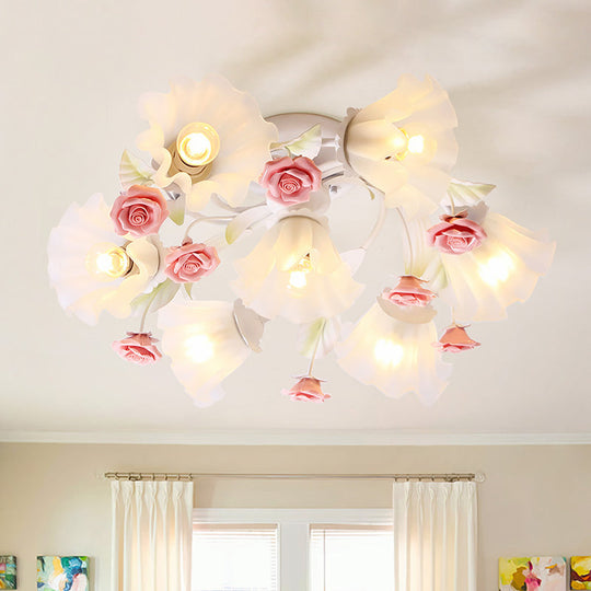 Semi Mount Ceiling Light Fixture - Countryside Spiral Design, 7 Lights, White Glass, Ideal for Living Room