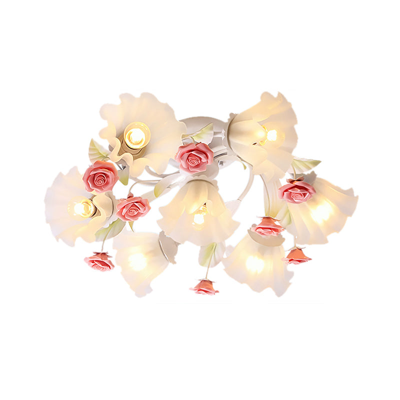 Semi Mount Ceiling Light Fixture - Countryside Spiral Design 7 Lights White Glass Ideal For Living