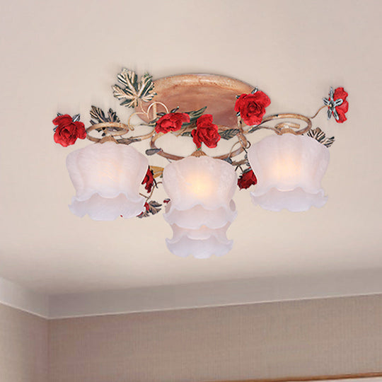 Countryside Coffee Floral Dining Room Semi Flush Light Fixture - 4/6-Light Frosted Glass Flush Mount