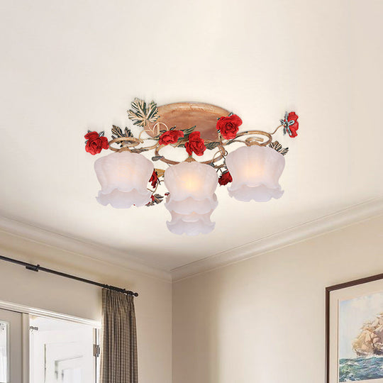 Countryside Coffee Floral Dining Room Semi Flush Light Fixture - 4/6-Light Frosted Glass Flush Mount