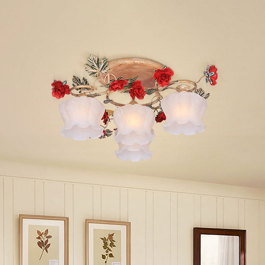 Countryside Coffee Floral Dining Room Semi Flush Light Fixture - 4/6-Light Frosted Glass Flush Mount