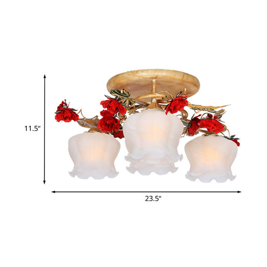 Countryside Coffee Floral Dining Room Semi Flush Light Fixture - 4/6-Light Frosted Glass Flush Mount