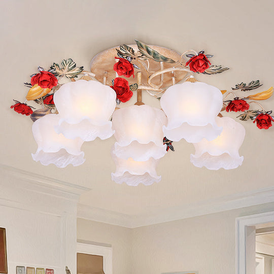 Countryside Coffee Floral Dining Room Semi Flush Light Fixture - 4/6-Light Frosted Glass Flush Mount