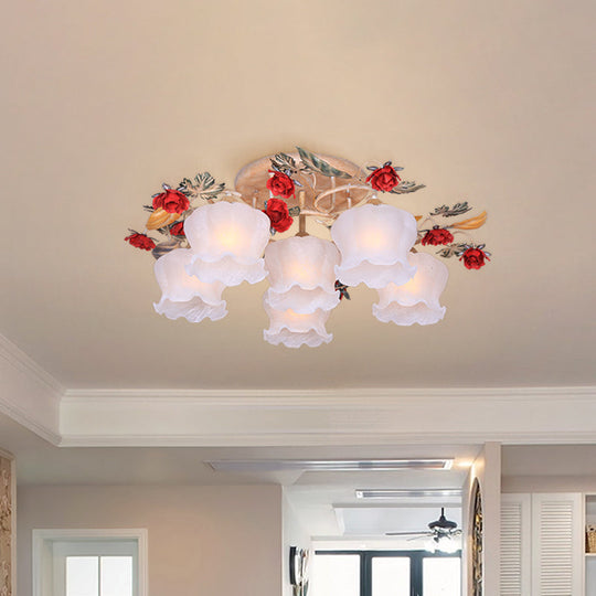 Countryside Coffee Floral Dining Room Semi Flush Light Fixture - 4/6-Light Frosted Glass Flush Mount