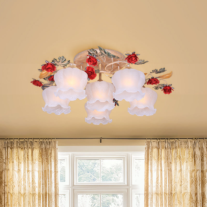 Countryside Coffee Floral Dining Room Semi Flush Light Fixture - 4/6-Light Frosted Glass Flush Mount