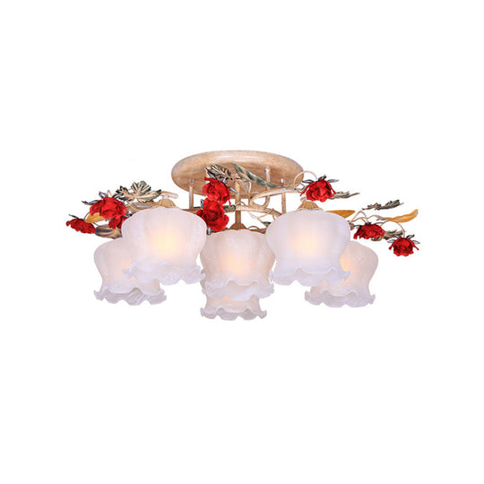 Countryside Coffee Floral Dining Room Semi Flush Light Fixture - 4/6-Light Frosted Glass Flush Mount