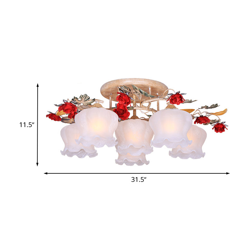 Countryside Coffee Floral Dining Room Semi Flush Light Fixture - 4/6-Light Frosted Glass Flush Mount