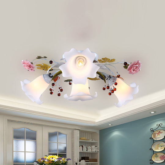 Korean Flower Semi Flush Mount Ceiling Lamp - White Glass, 4/7/9 Lights, Ideal for Living Rooms