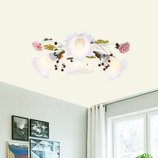 Korean Flower Semi Flush Mount Ceiling Lamp - White Glass, 4/7/9 Lights, Ideal for Living Rooms