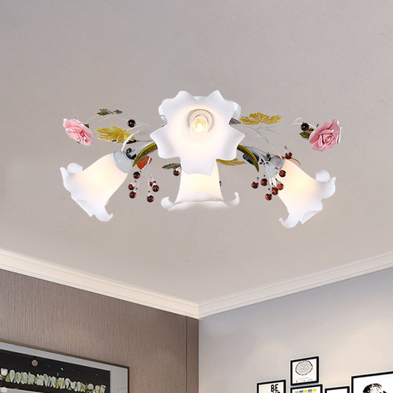 Korean Flower Semi Flush Mount Ceiling Lamp - White Glass, 4/7/9 Lights, Ideal for Living Rooms