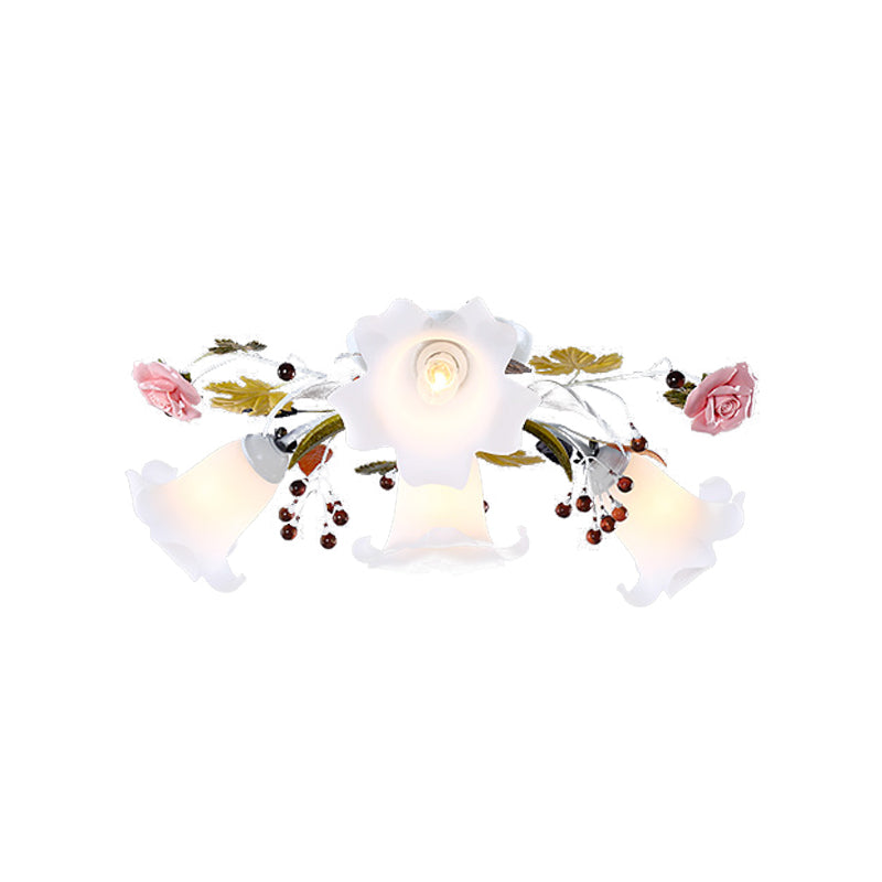 Korean Flower Semi Flush Mount Ceiling Lamp - White Glass, 4/7/9 Lights, Ideal for Living Rooms