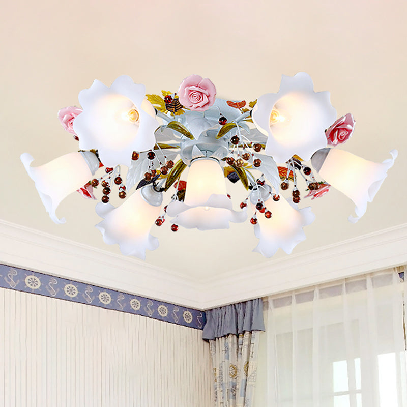 Korean Flower Semi Flush Mount Ceiling Lamp - White Glass, 4/7/9 Lights, Ideal for Living Rooms