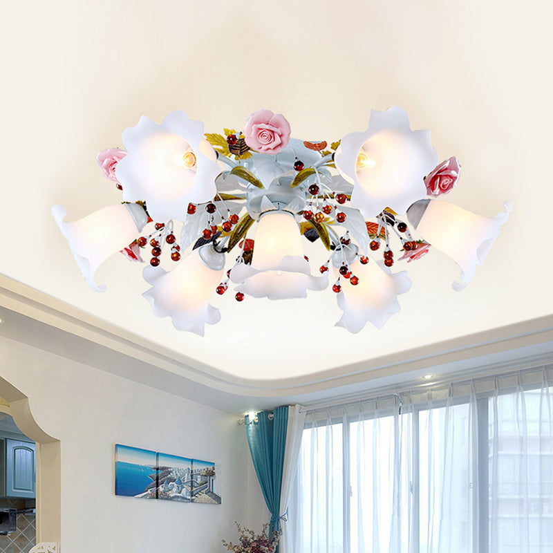 Korean Flower Semi Flush Mount Ceiling Lamp - White Glass, 4/7/9 Lights, Ideal for Living Rooms