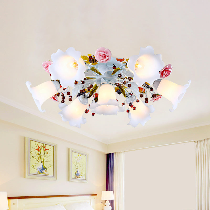 Korean Flower Semi Flush Mount Ceiling Lamp - White Glass, 4/7/9 Lights, Ideal for Living Rooms