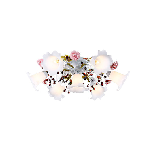 Korean Flower Semi Flush Mount Ceiling Lamp - White Glass, 4/7/9 Lights, Ideal for Living Rooms