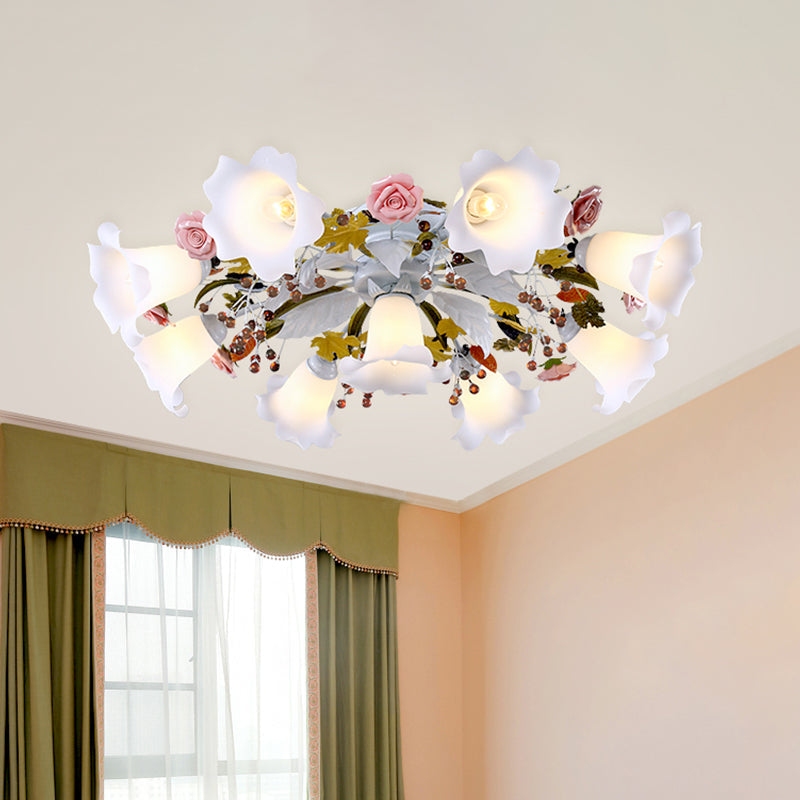 Korean Flower Semi Flush Mount Ceiling Lamp - White Glass, 4/7/9 Lights, Ideal for Living Rooms