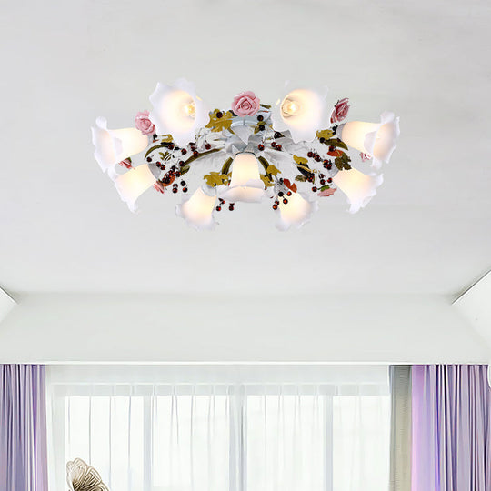 Korean Flower Semi Flush Mount Ceiling Lamp - White Glass, 4/7/9 Lights, Ideal for Living Rooms