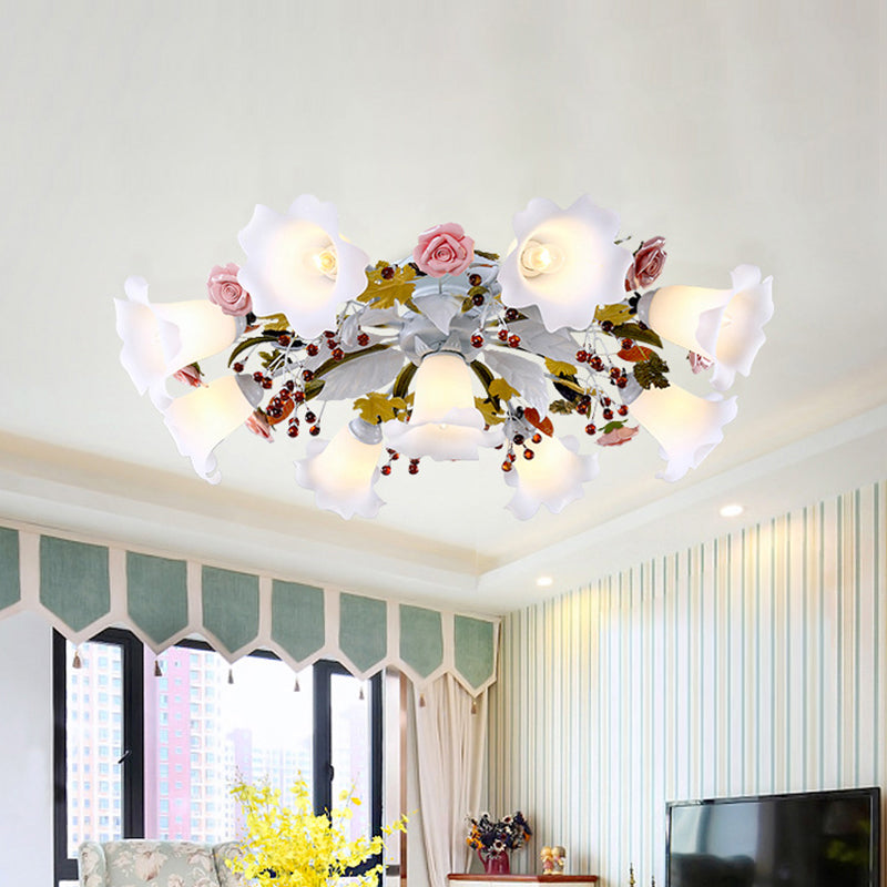 Korean Flower Semi Flush Mount Ceiling Lamp - White Glass, 4/7/9 Lights, Ideal for Living Rooms