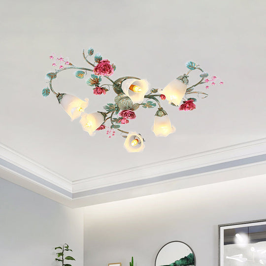 Twisted Green Semi Flush Light Fixture with Korean Flower White Glass - 3/6 Bulbs, Perfect for Bedrooms