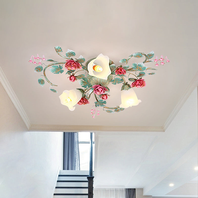 Twisted Green Semi Flush Light Fixture with Korean Flower White Glass - 3/6 Bulbs, Perfect for Bedrooms