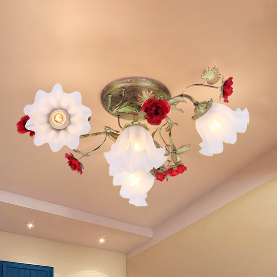 Korean Garden Semi Flush Mount Ceiling Light in Green with Red Rose Accents - Opal Glass, 4/6 Heads